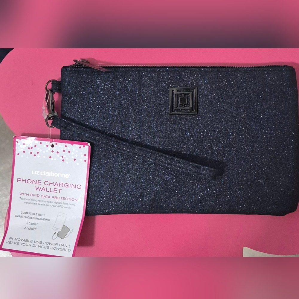 NEW- Liz Claiborne Phone Charging Wristlet Wallet in a navy blue glitter finish.